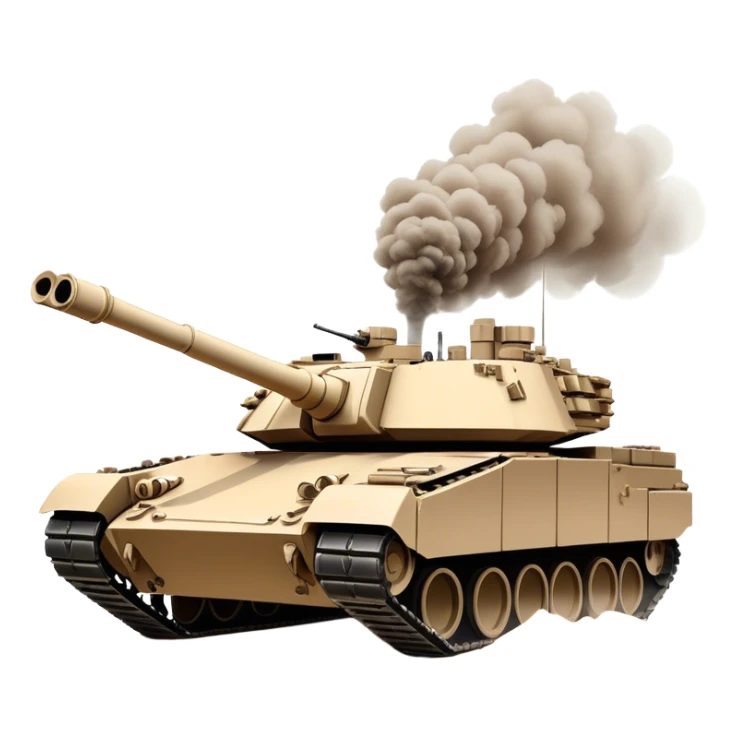 M1 Abrams (2022) – Cinematic-realistic M1 Abrams tank, its imposing desert-tan frame rolling across a war-torn battlefield. The massive 120mm smoothbore cannon swings into position, its engine roaring as it crushes debris under its heavy treads, dust and smoke swirling in the fiery glow of distant explosions. sticker