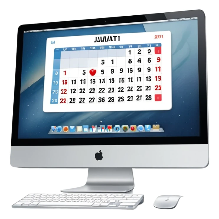 front view of an iMac with a day-calendar on the screen, vertical hours on the left, horizontal client slots, some slots visibly booked sticker