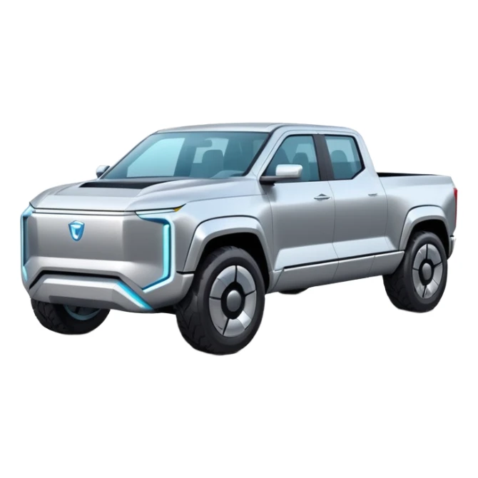 A futuristic electric pickup truck emoji, silver chrome body, angular cyber design, smooth metallic panels, subtle reflections, minimalistic proportions, iOS emoji style, centered composition, clean white background, soft lighting sticker