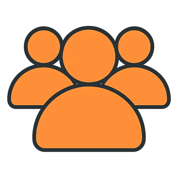 simple icon of a silhouette representing followers: group of stylized people with one person in the foreground, orange color #fe6601, transparent background sticker