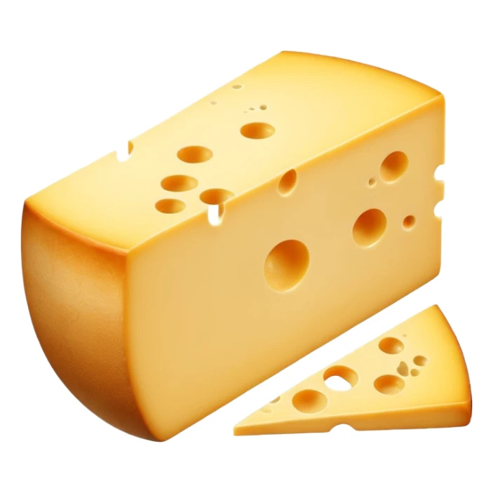 A wedge of yellow cheese with a single round hole and a thin cut slice leaning forward. sticker