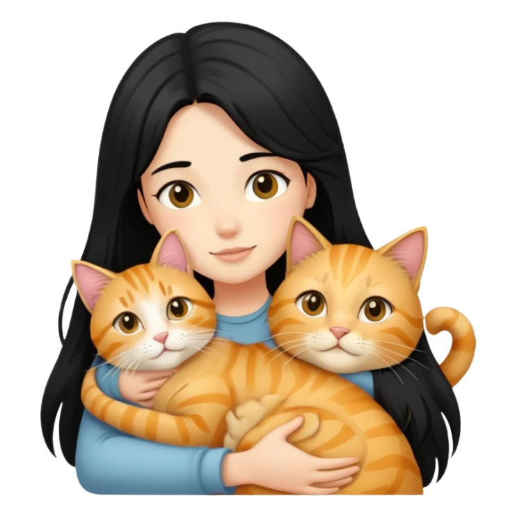 A black-haired girl hugs a long-haired golden tabby cat sticker