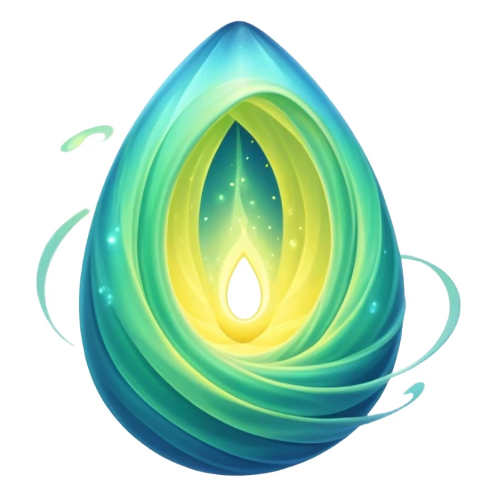 green-blue magical organic cocoon lit up with swirling yellow magic, ethereal and mystical, symbol shape, gentle green-blue hues sticker