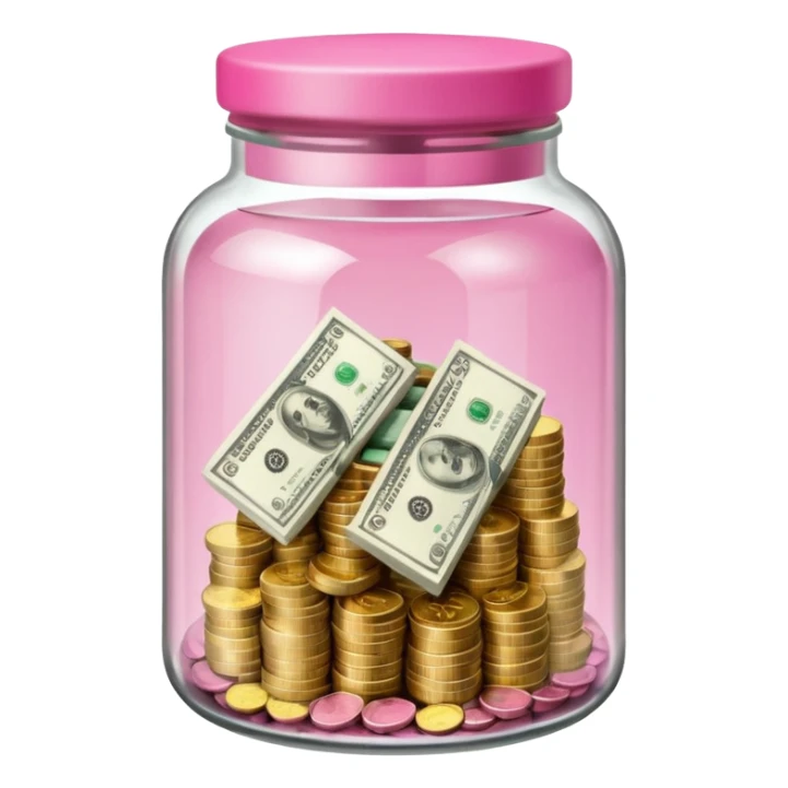 glass tip jar emoji style, simple with cash and coins pink sticker