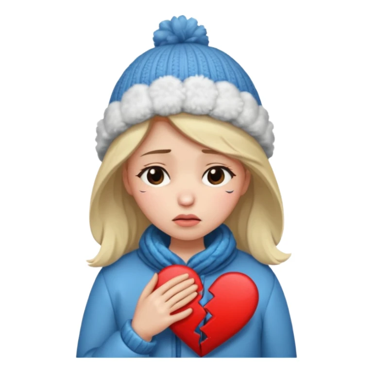 woman broken hearted, shedding a tear, looking down sad holding her heart breaking, wearing a winter outfit sticker