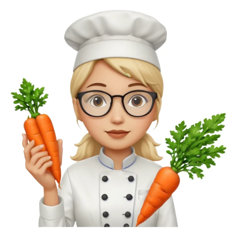 female italian chef, uniform, wearing glasses, holding carrot sticker