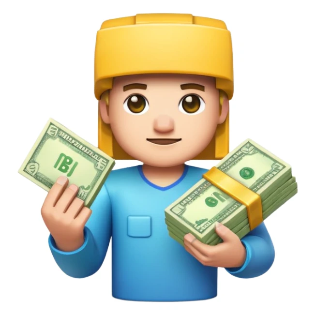 emoji style icon, minecraft blocky character holding a stack of money, pixel art style, bright colors, simple background, 3D glossy emoji, centered composition, soft shadow, high detail, clean outline, white background sticker