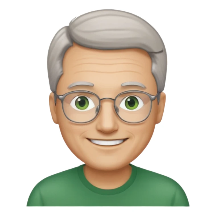 Man with receding hair, grey hair only on the sides, green eyes, rectangular reading glasses, rounded clear face, with a smile sticker