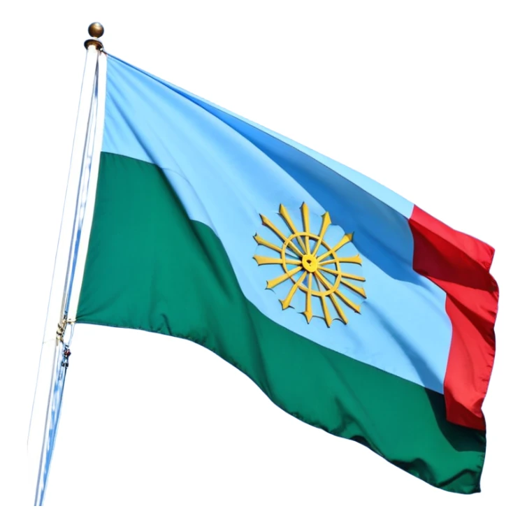Un drapeau divisé horizontalement en deux parties égales : la partie supérieure est bleue représentant le ciel, et la partie inférieure est verte représentant la terre. Au centre du drapeau, il y a une grande roue rouge à 16 rayons, semblable à une roue de charrette.  sticker