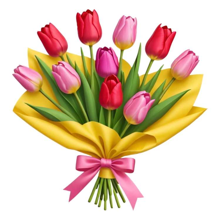 bouquet of tulip with bow and yellow wrapping paper sticker