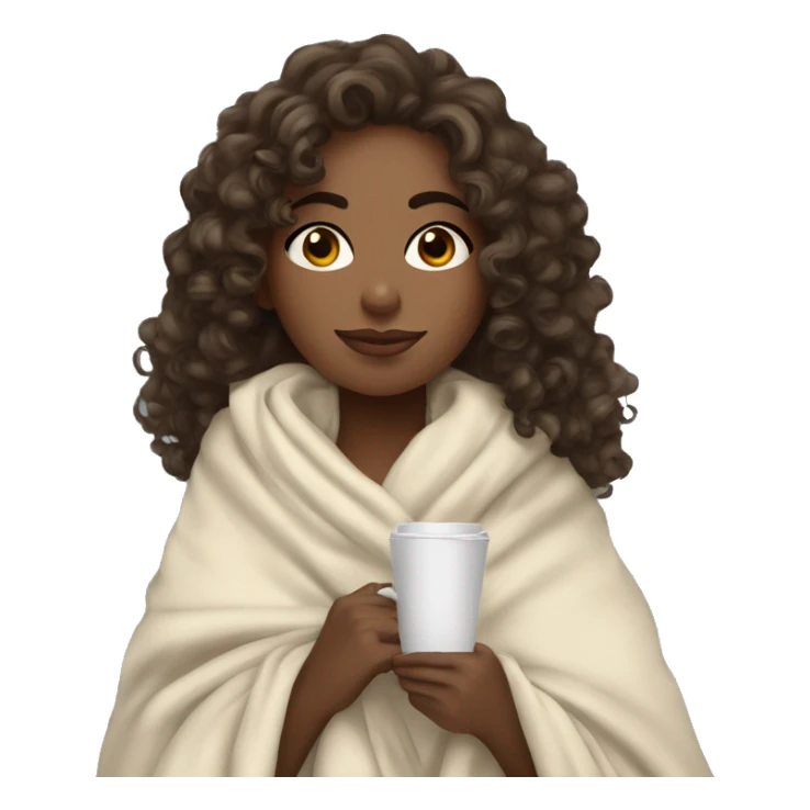 brunnette curly hair girl wrapped in big blanket drinking coffee sticker