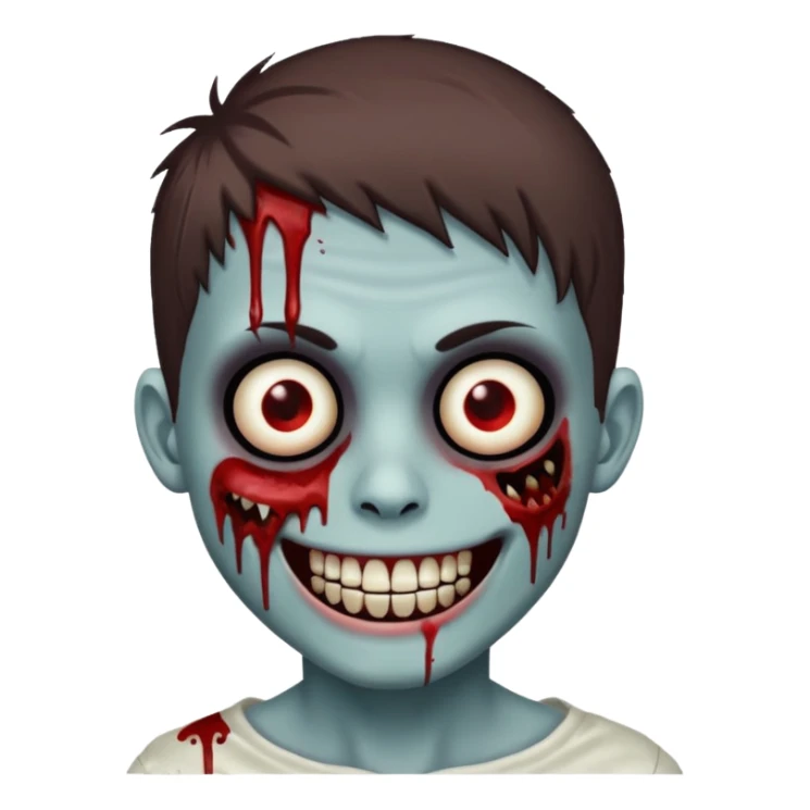 zombie boy with emo brown hair, white skin, and white eyes; an open smile, and bloodied teeth; sticker