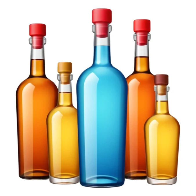 Four bottles of alcohol without labels, each with distinct shapes, arranged neatly in a row. The bottles should vary in color and size, with detailed caps. sticker