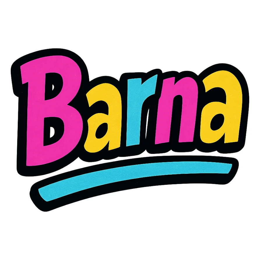 The name 'Barna' in a modern, colorful gradient font with dark outline, dynamic, slanted or partial underline, in the style of sample images. sticker