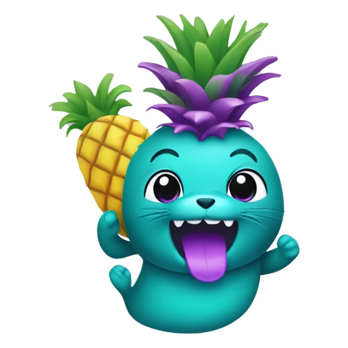 teal-colored seal holding a purple-colored pineapple sticker