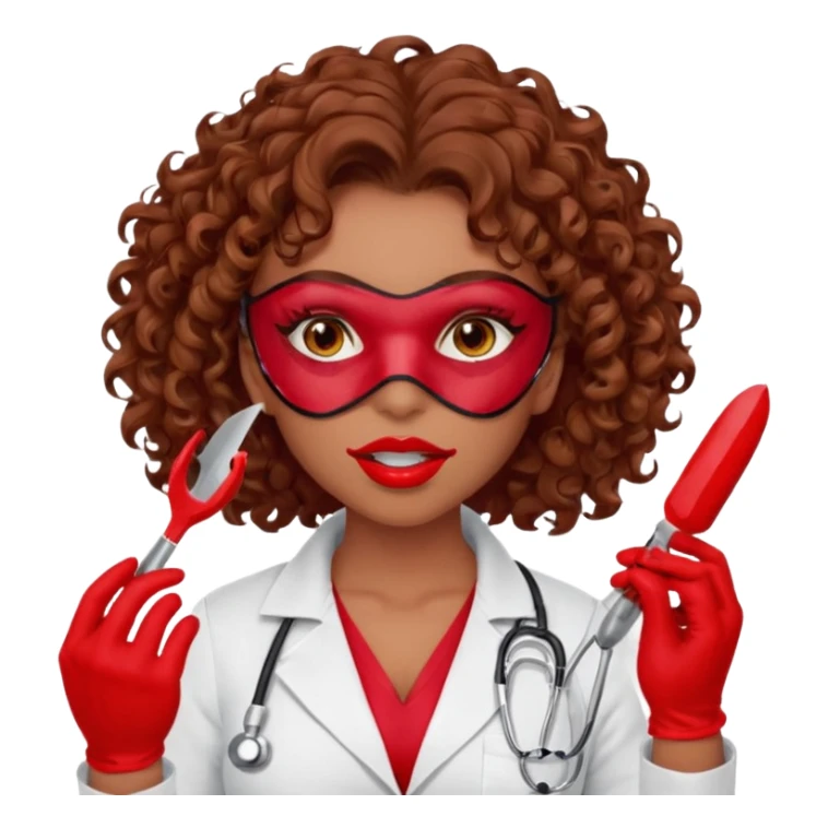 Lilith scalpel in hand, evil surgeon sexy surgeon clothes.  She has red eyes.  Hair is long. Hair is brown and curly hair. Wears sexy doctor outfit with red gloves. Covers mouth and neck mask  red sticker