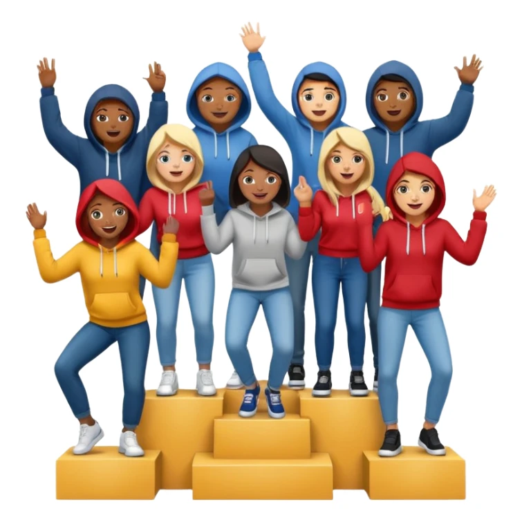 multi-racial people in jeans and hoodies on a winners podium, center step higher, no numbers, excited fun expressive emoji style sticker