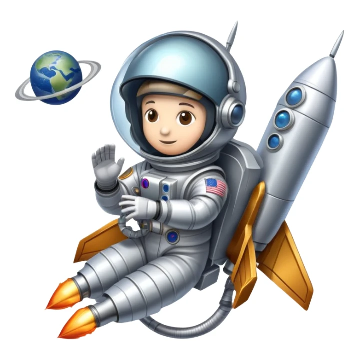 An icon featuring a rocket, a satellite, and an astronaut helmet, symbolizing aerospace technology. The design includes spacecraft, wings, and a planet, representing the exploration of space and aviation advancements. Transparent background. sticker