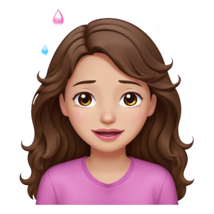 girl with wavy long brown hair, brown eyes, light to medium complexion, long lashes, light pink lipstick, wearing light pink shirt, smiling, crying with big pink tears sticker