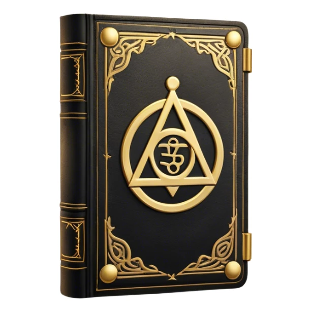 A black and gold book with an aged leather texture, embossed with an alchemical symbol, a compass, or a forging hammer, exuding wisdom, mastery, and the relentless pursuit of greatness. - book on mastery ... silhouette of a triangle  sticker