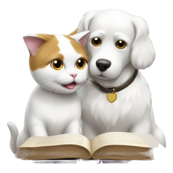 white cat and dog reading books together  sticker
