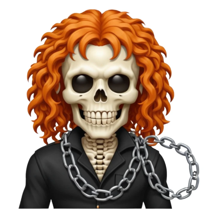 cinematic realistic steam-punk Megadeth iconic skeleton mascot with a rusty chain in his teeth, huge curly orange hair sticker