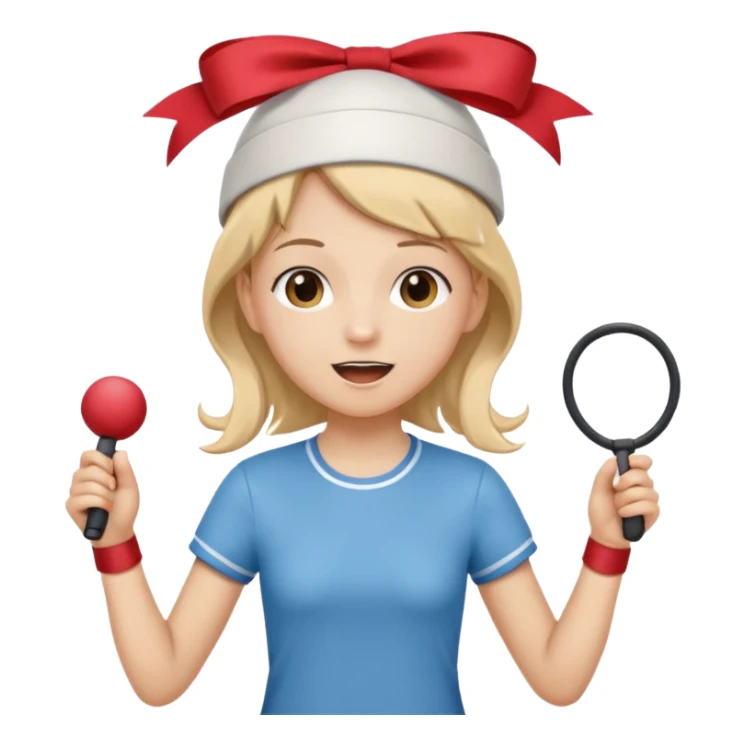 Show three big emojis: 👧🏻🎀 (the doll singing), 😀👕4️⃣5️⃣6️⃣🤾 (a player jumping rope), 👦🏻🧢 (child figure). sticker