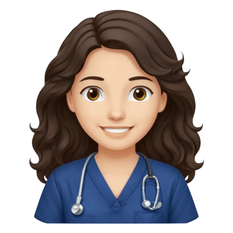 Long wavy dark brown hair with a navy blue scrub top with a gentlesmiling sticker
