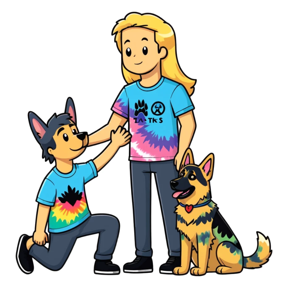 man with long blonde hair wearing tie dye shirt playing with German shepherd sticker