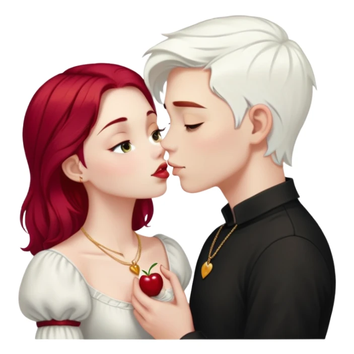 20 year old couple, boy with SHORT SNOW WHITE HAIR (completely WHITE), dark shirt, girl with long cherry red hair, light clothes, gold necklace, kissing sticker