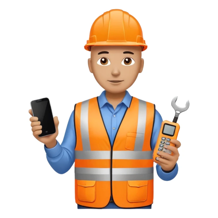 Bald Telecoms engineer in orange hi vis with white hard hat, phone and toolkit sticker