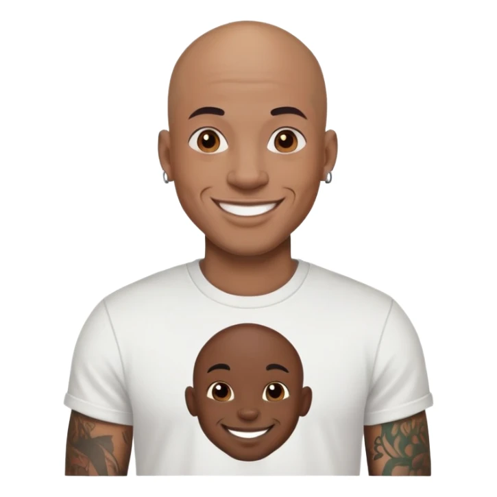bald black man with full face tattoos, smiling, wearing a t-shirt sticker