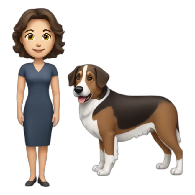 middle aged brunette woman with medium hair and shepard dog sticker
