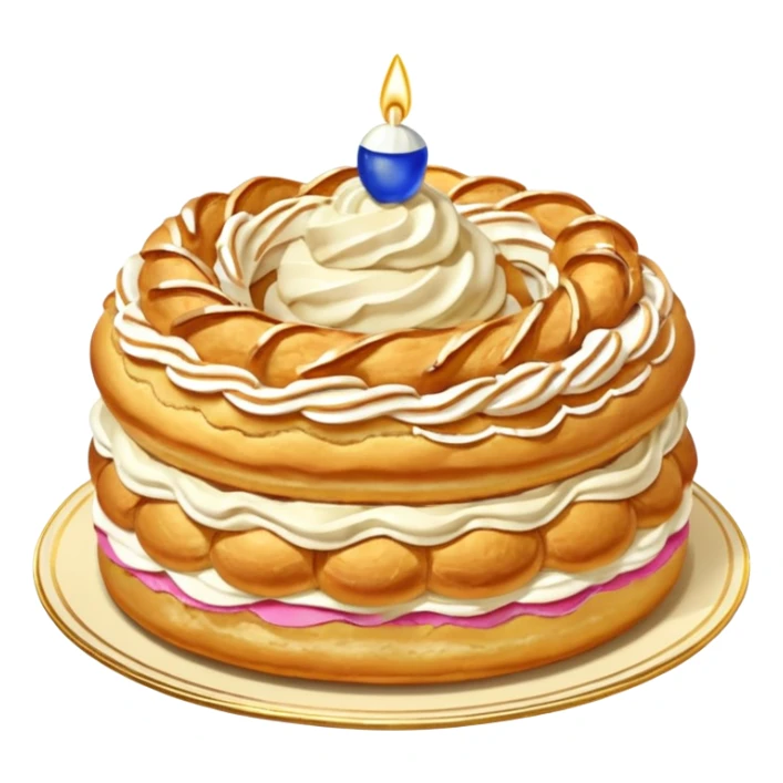 Paris-Brest cake, golden choux ring, piped cream, classic French dessert, no text sticker