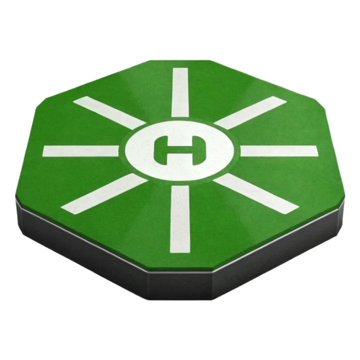 a helipad with a green surface and an H in the center sticker