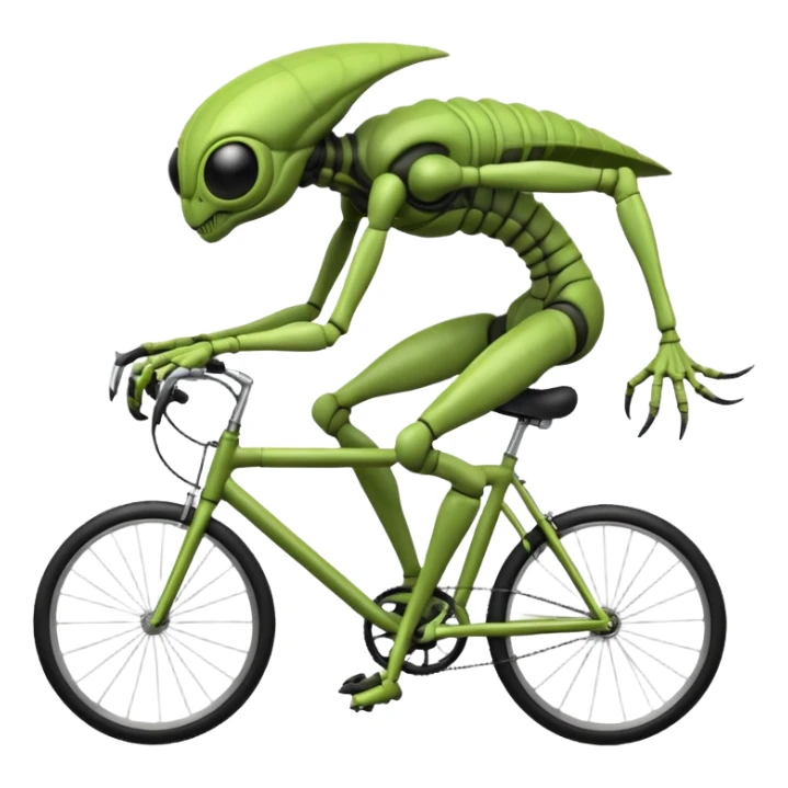 insectoid alien riding a bicycle, bug-like eyes, segmented limbs, strange but fun cycling pose, sci-fi creature vibe, 3D cartoon, mobile game icon style, clean background, no text, no watermark
 sticker
