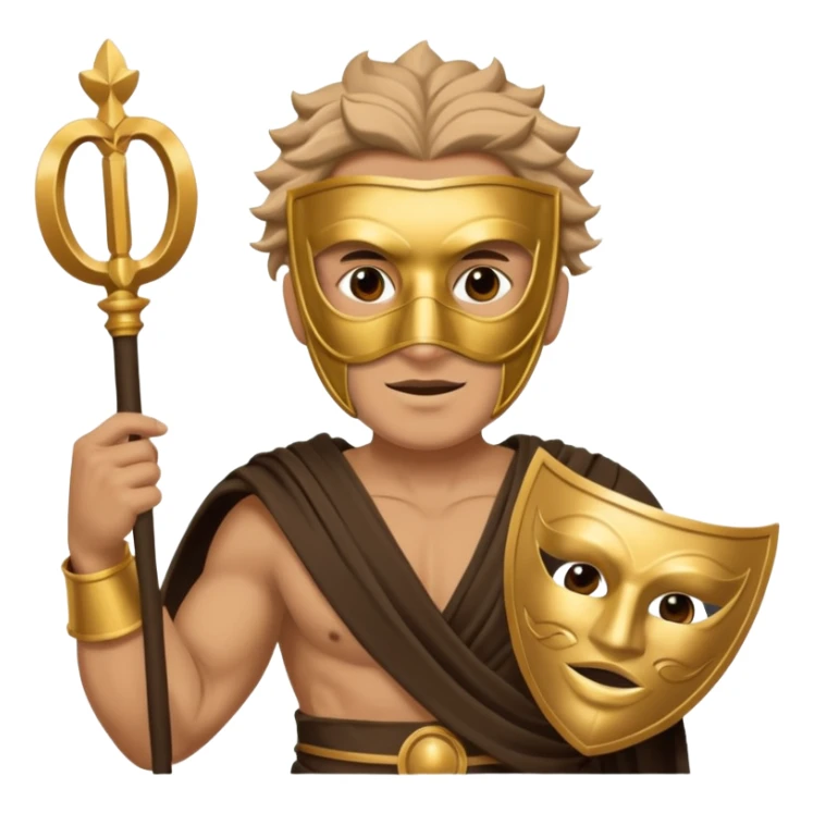 Greek thespian in full costume with a mask holding a prop sticker