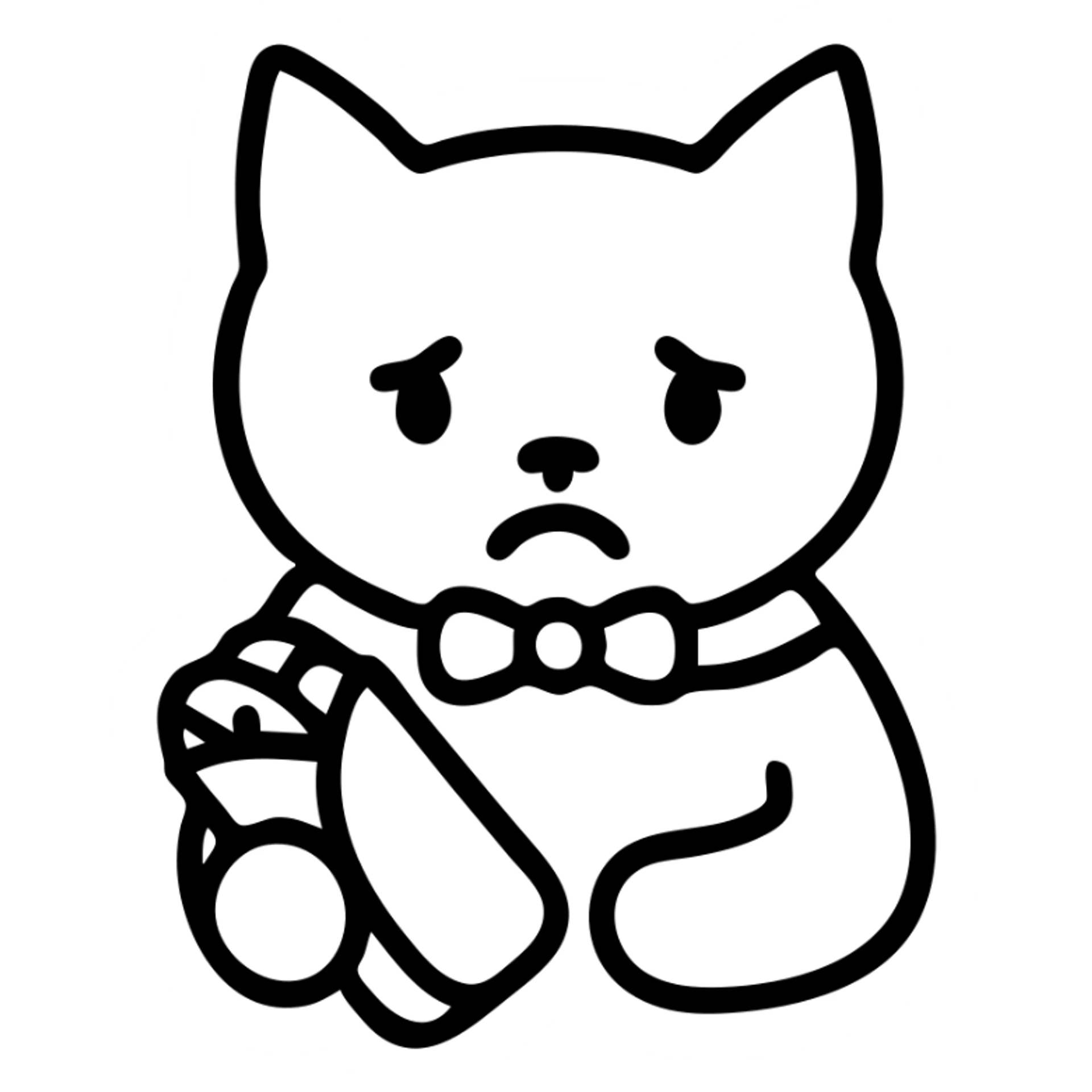 white cat with light pink bow, sad expression, holding a dürüm, icon style sticker