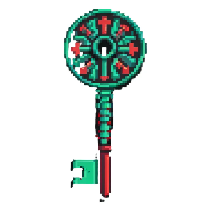 Member key with intricate green to red gradient pattern and special access symbols sticker