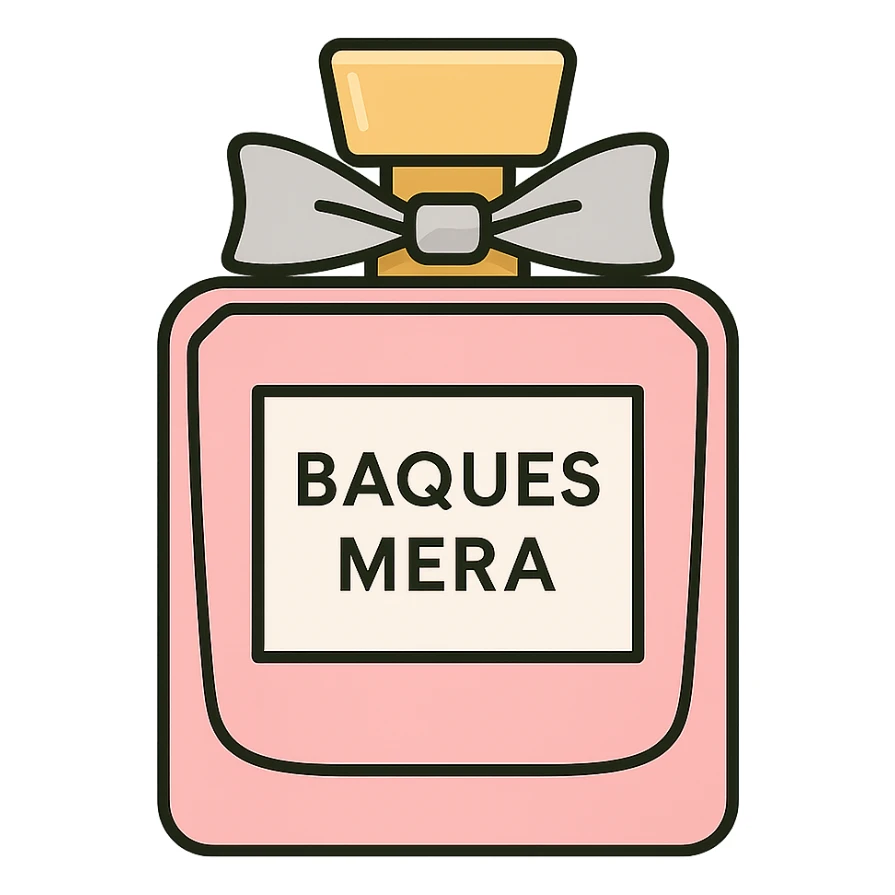 Make the pink perfume bottle more elegant inspired by the Miss Dior design, with a refined bow and delicate details, on a white background. Keep the text 'bagues mera' visible on the bottle. sticker
