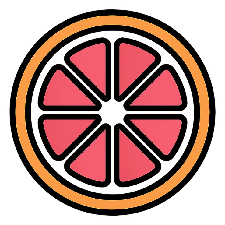 outlined icon of a pink grapefruit slice, top-down view, minimal and clean design, 3-4 colors, orange, white, and pink palette sticker