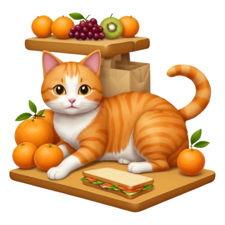Cat in a grocery store on the floor with fruit and sandwiches  sticker