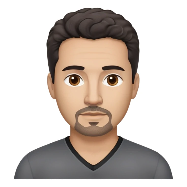 Hispanic man in his 40s with light tan skin. Square face with defined jawline. Warm dark brown eyes with calm gaze. Neutral friendly expression. Thick natural eyebrows. Black goatee with subtle gray hairs. Short curly dark hair with slight receding hairline. Wearing a black V-neck shirt. sticker