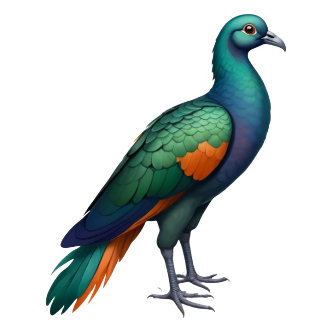 Nicobar pigeon with iridescent blue-green feathers, long neck feathers, bright orange beak, and white tail sticker