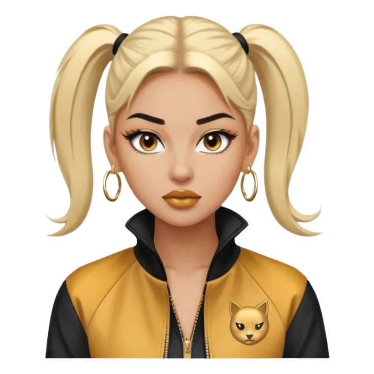 “Emoji girl, fierce confident expression, sharp winged eyeliner, bold brows, matte nude lips, long lashes, sleek high ponytail, wearing gold hoop earrings and sporty streetwear jacket.” sticker