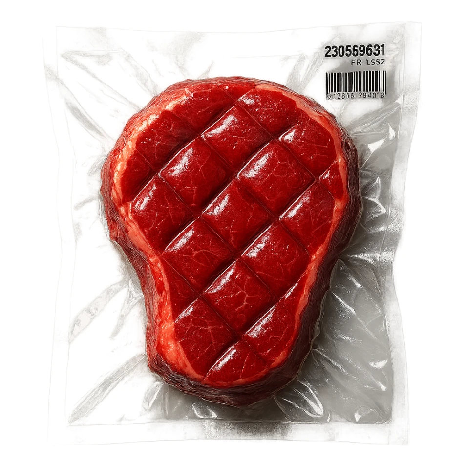 meat steak with diamond texture, shiny and inflated, vacuum-sealed style sticker