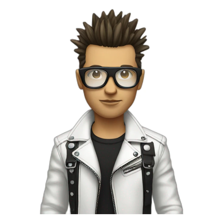 Punk male, with white leather jacket, mirror glasses sticker