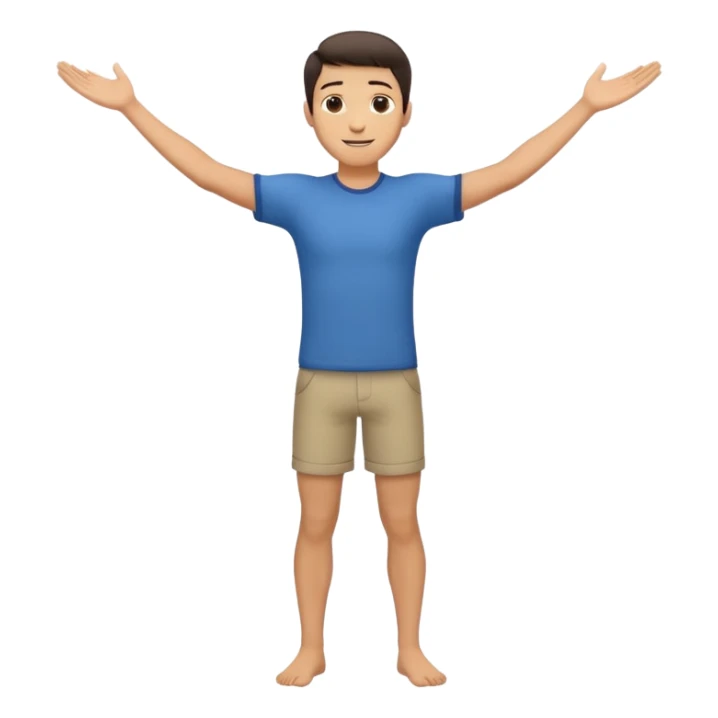 A smiling man standing with both arms wide open, chest out, one leg slightly bent, confident romantic pose, clean emoji style, simple face, minimal details sticker