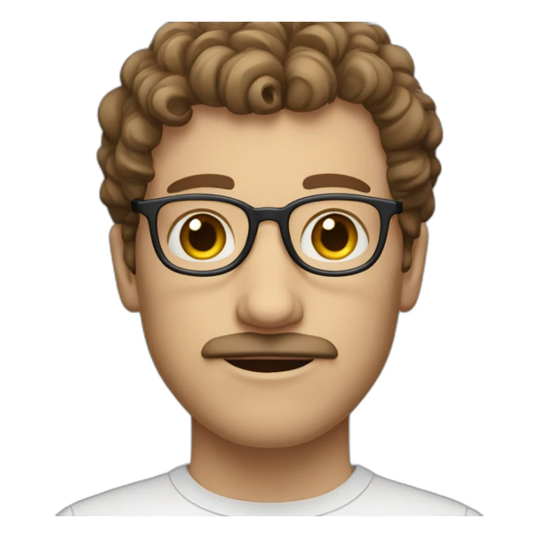 white man with short curly brown hair, blue small eyes, eyeglasses and a brown mustache sticker
