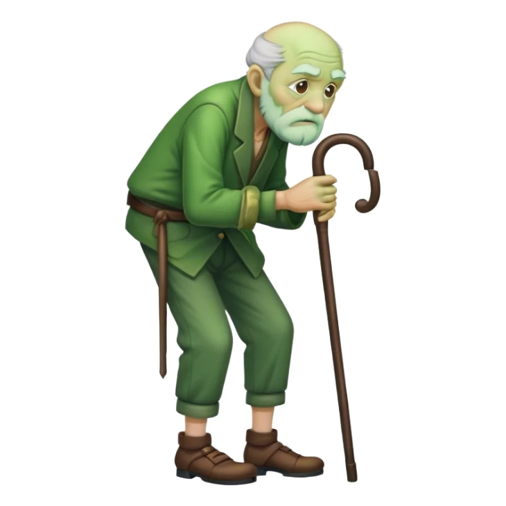 Old man that looks like a green alien hunched over with a cane sticker